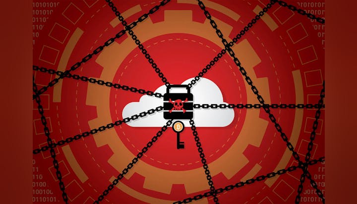 A padlock with a skull symbol and a Bitcoin logo, wrapped in chains over a cloud and binary code background, suggesting cybersecurity and cryptocurrency.