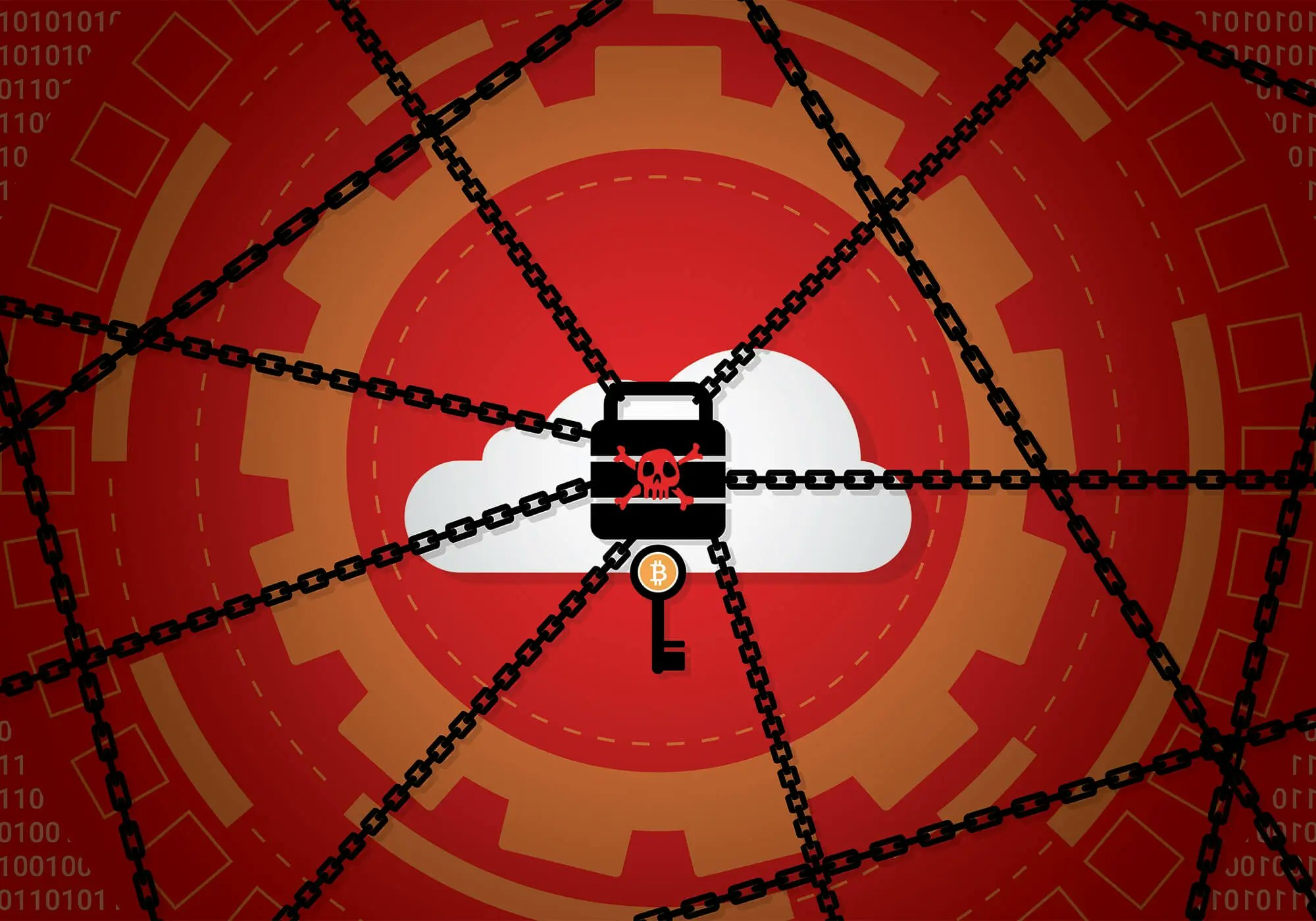 A padlock with a skull symbol and a Bitcoin logo, wrapped in chains over a cloud and binary code background, suggesting cybersecurity and cryptocurrency.