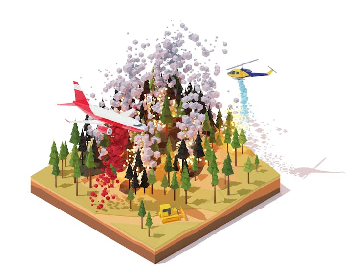 Isometric illustration of forest firefighting with planes, helicopter, fire, smoke, and trees.