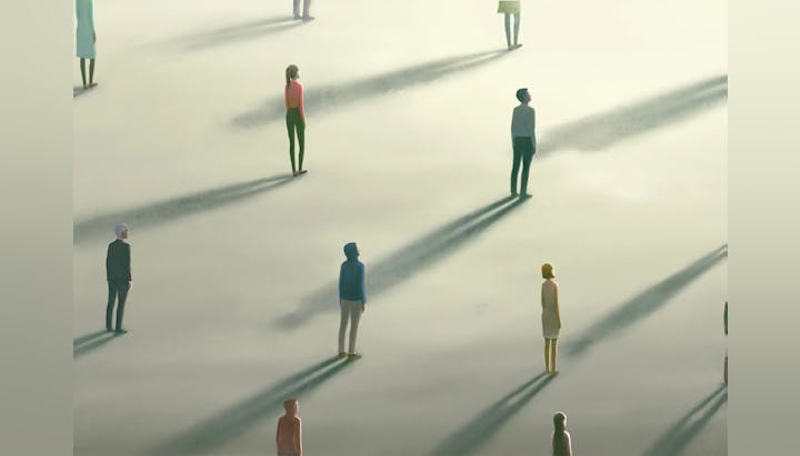 Shadowy figures scattered on a hazy, sunlit expanse, evoking quiet stillness.