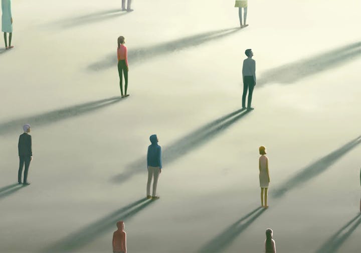 Shadowy figures scattered on a hazy, sunlit expanse, evoking quiet stillness.
