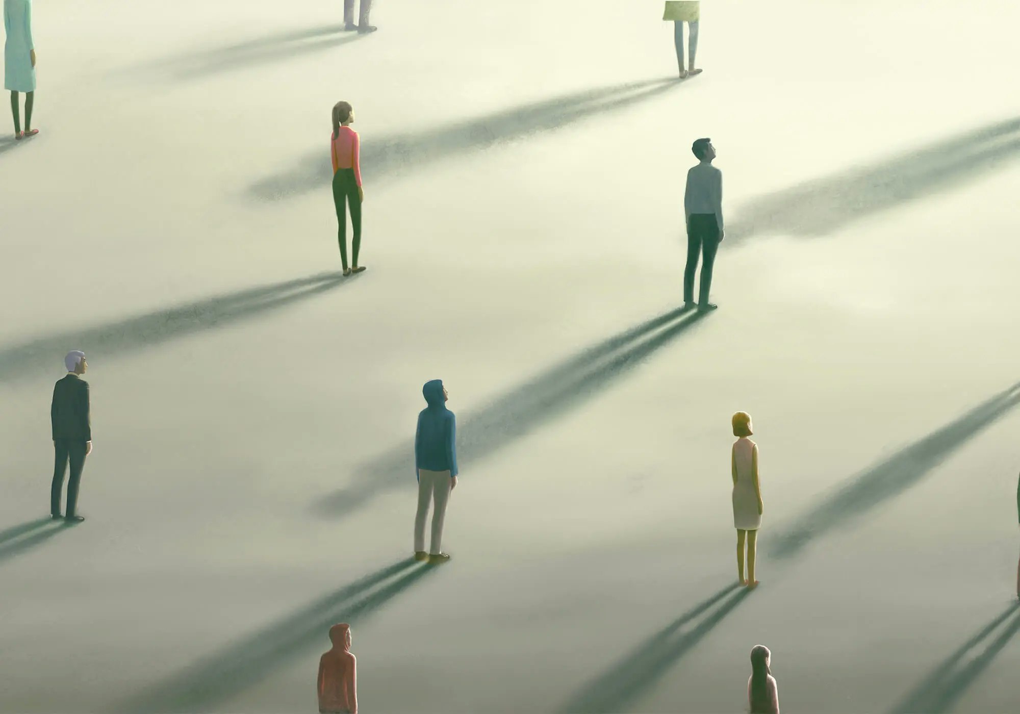 Shadowy figures scattered on a hazy, sunlit expanse, evoking quiet stillness.