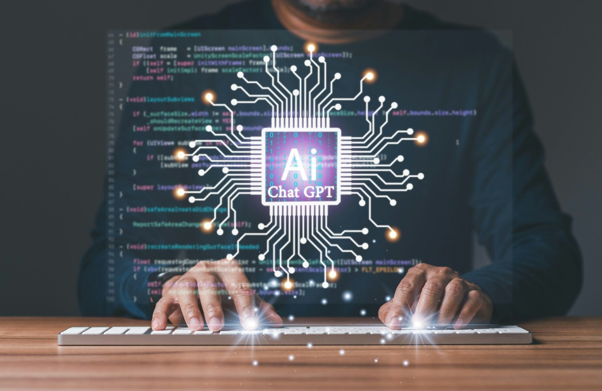 Person at a computer with AI and circuit graphics overlay.