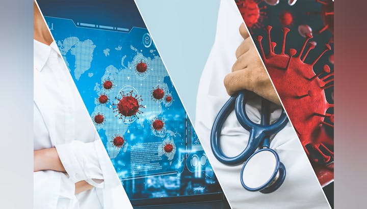 Split image: left - doctor with digital virus data; right - stethoscope and virus close-up. Appears healthcare-themed.