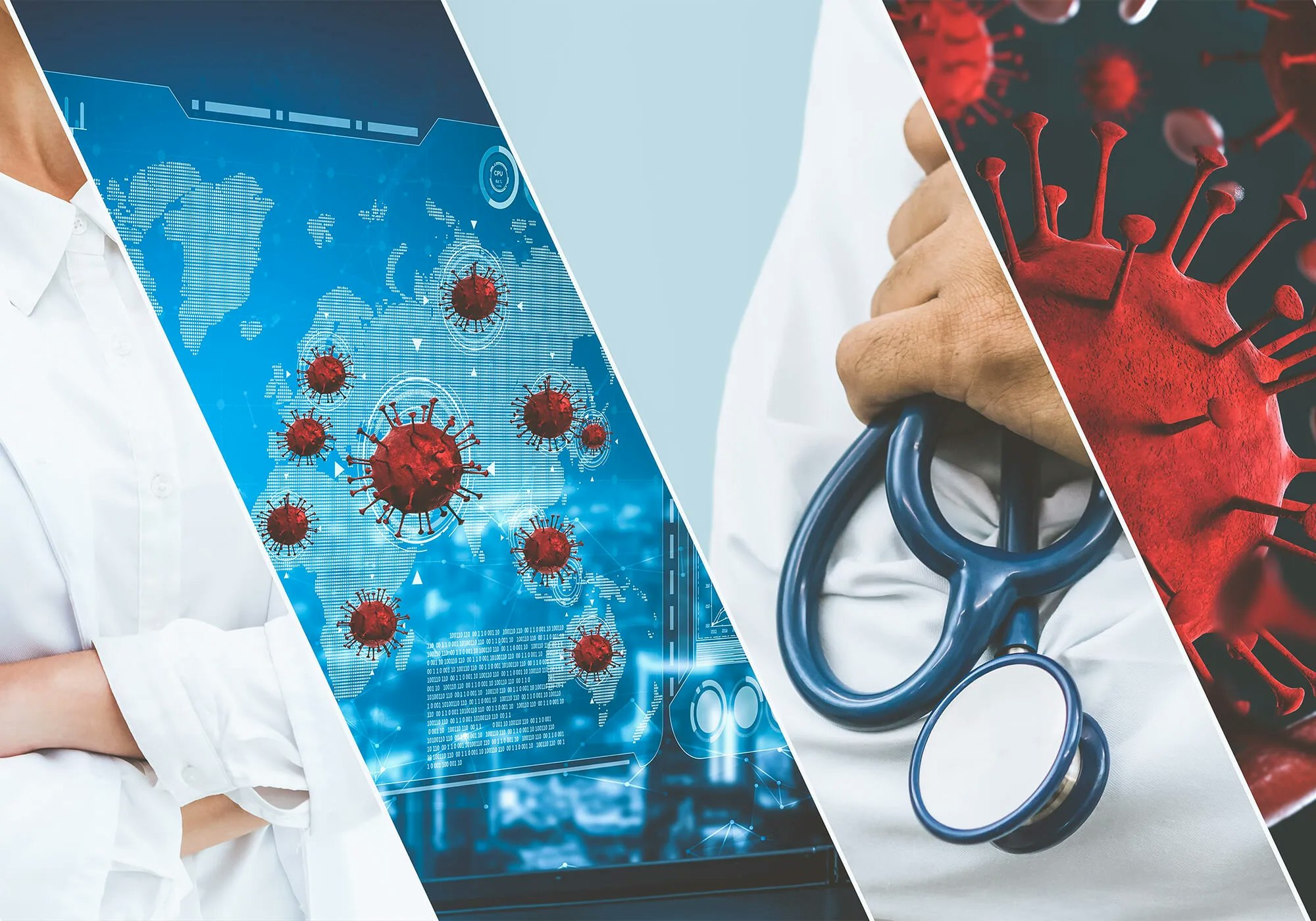 Split image: left - doctor with digital virus data; right - stethoscope and virus close-up. Appears healthcare-themed.