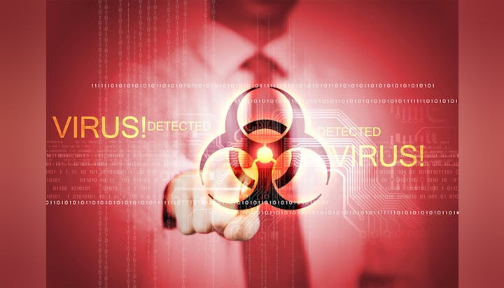 A person in suit with a virtual biohazard symbol and "VIRUS DETECTED" warnings, depicting cybersecurity threats.