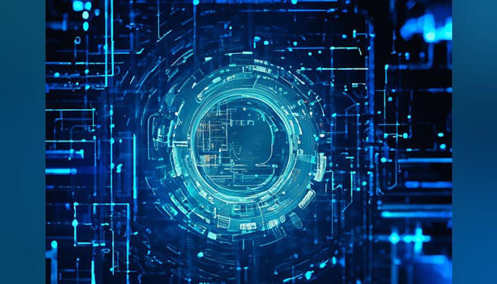 Futuristic blue digital technology background with a circular design and circuit-like elements.
