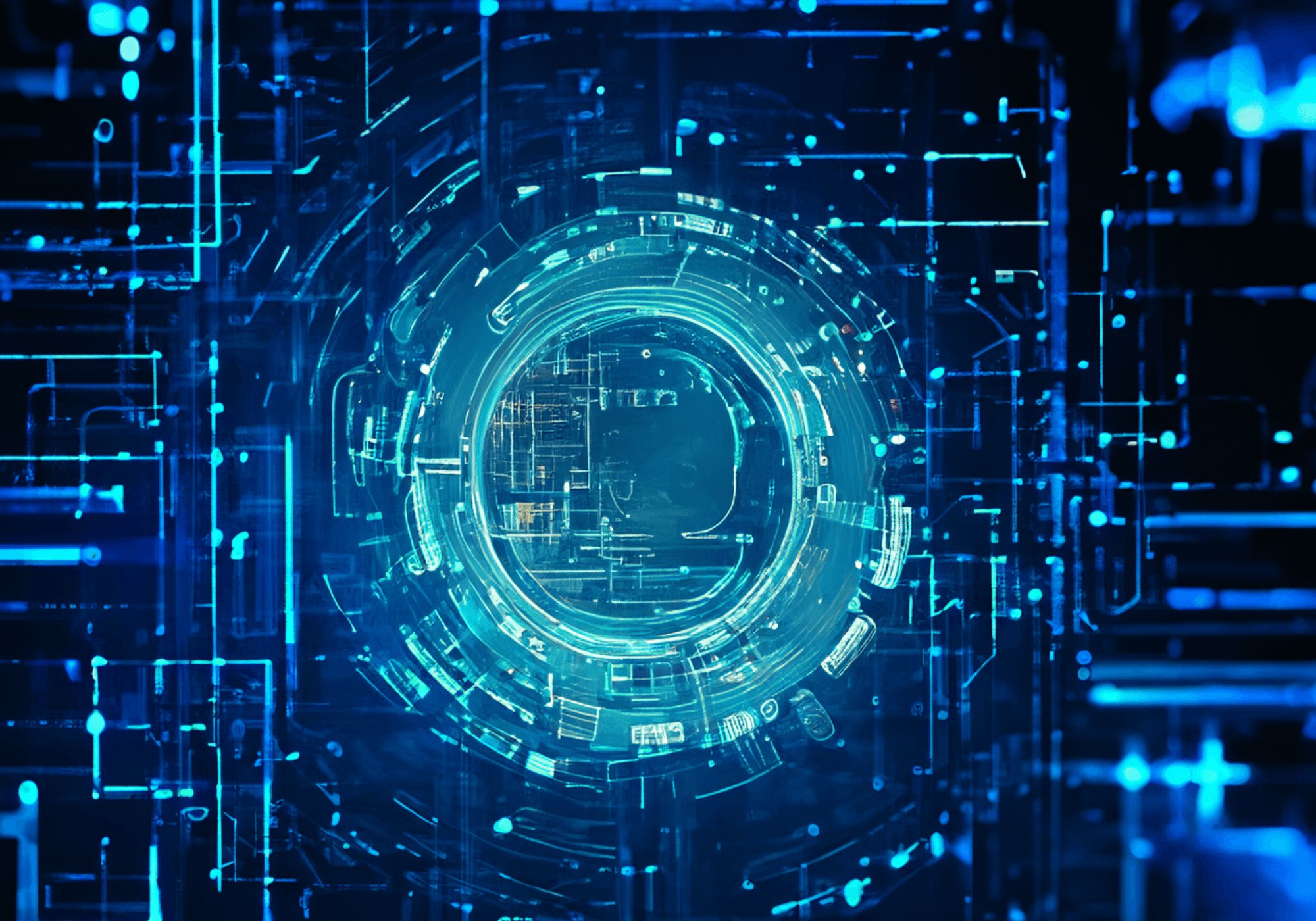 Futuristic blue digital technology background with a circular design and circuit-like elements.