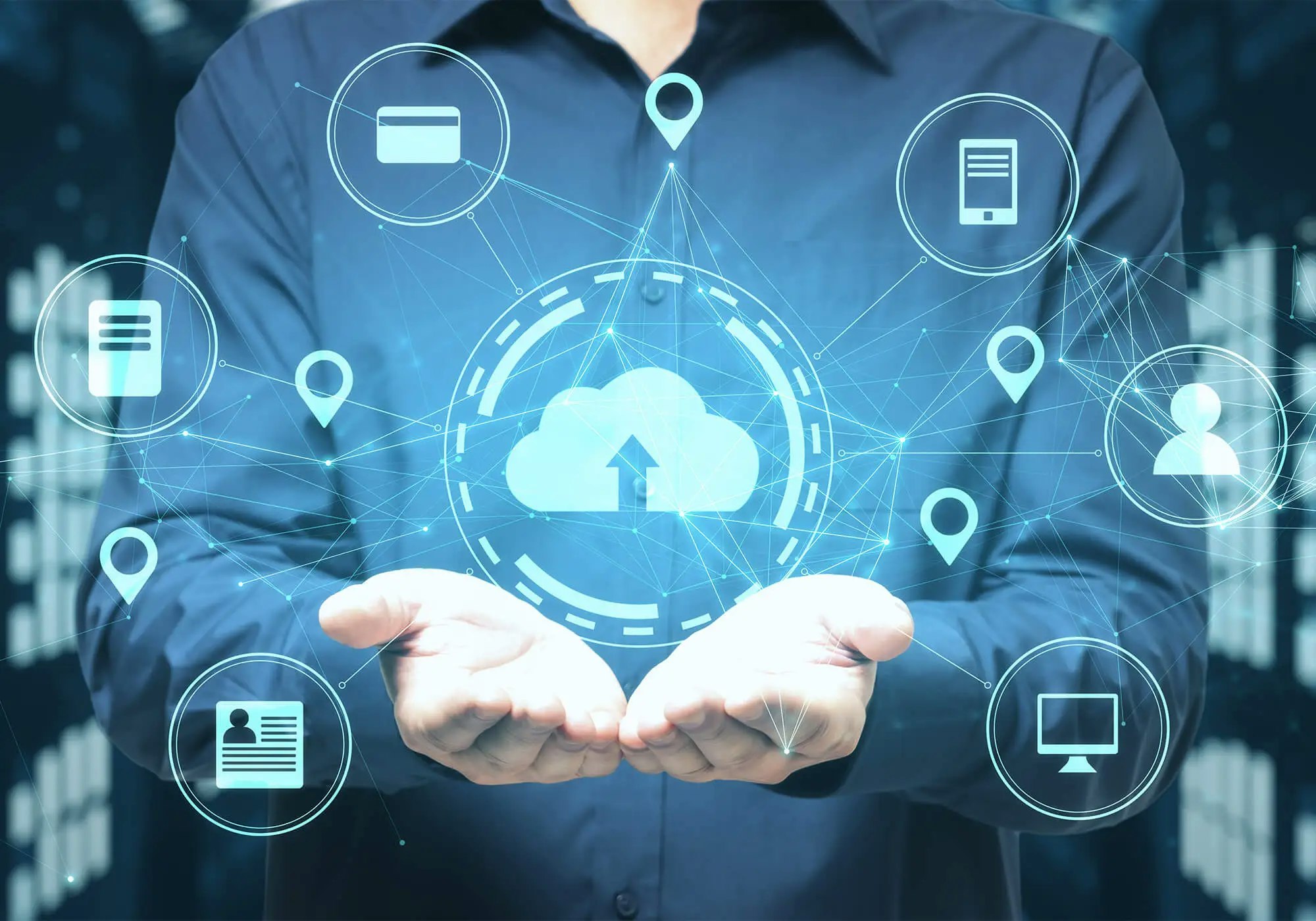 Person with holographic cloud computing icons floating above hands. Digital concept.