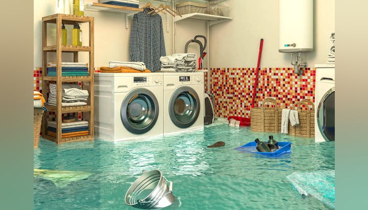 A flooded laundry room with floating objects, washing machines, shelves, and colorful tiles.