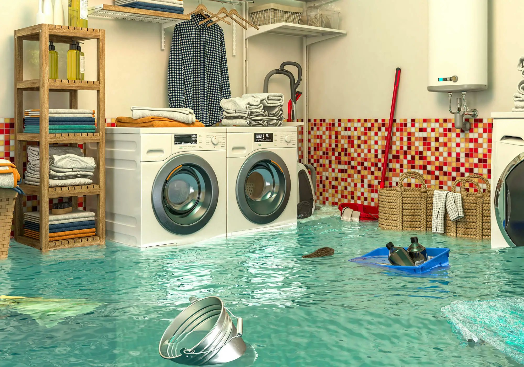 A flooded laundry room with floating objects, washing machines, shelves, and colorful tiles.