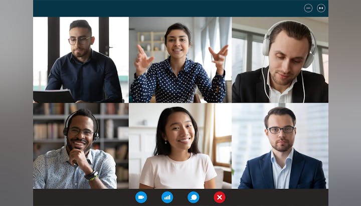 Virtual meeting with six participants on screen, displaying varied expressions and attire, interface shows call controls.