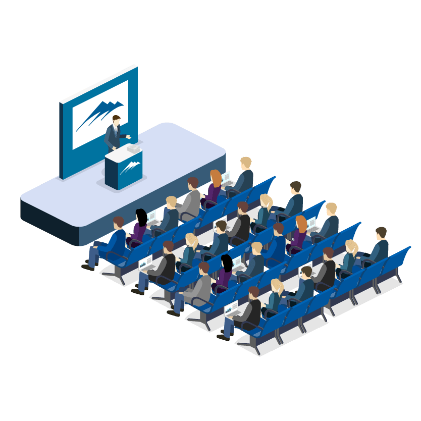 Isometric illustration of a conference presentation with an audience facing a speaker and a large screen.