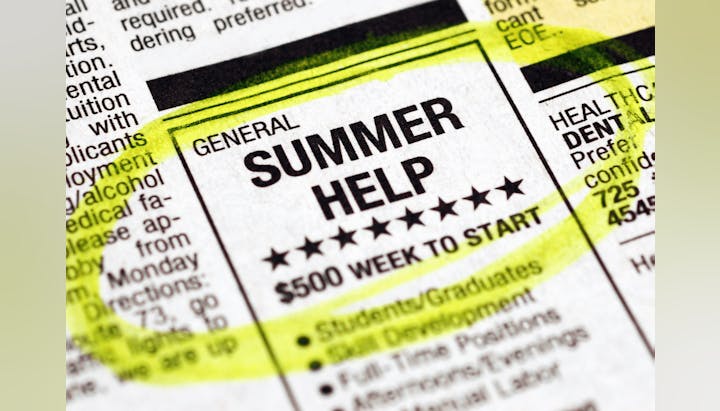 A newspaper ad for "SUMMER HELP" offering "$500 WEEK TO START" highlighted in yellow.