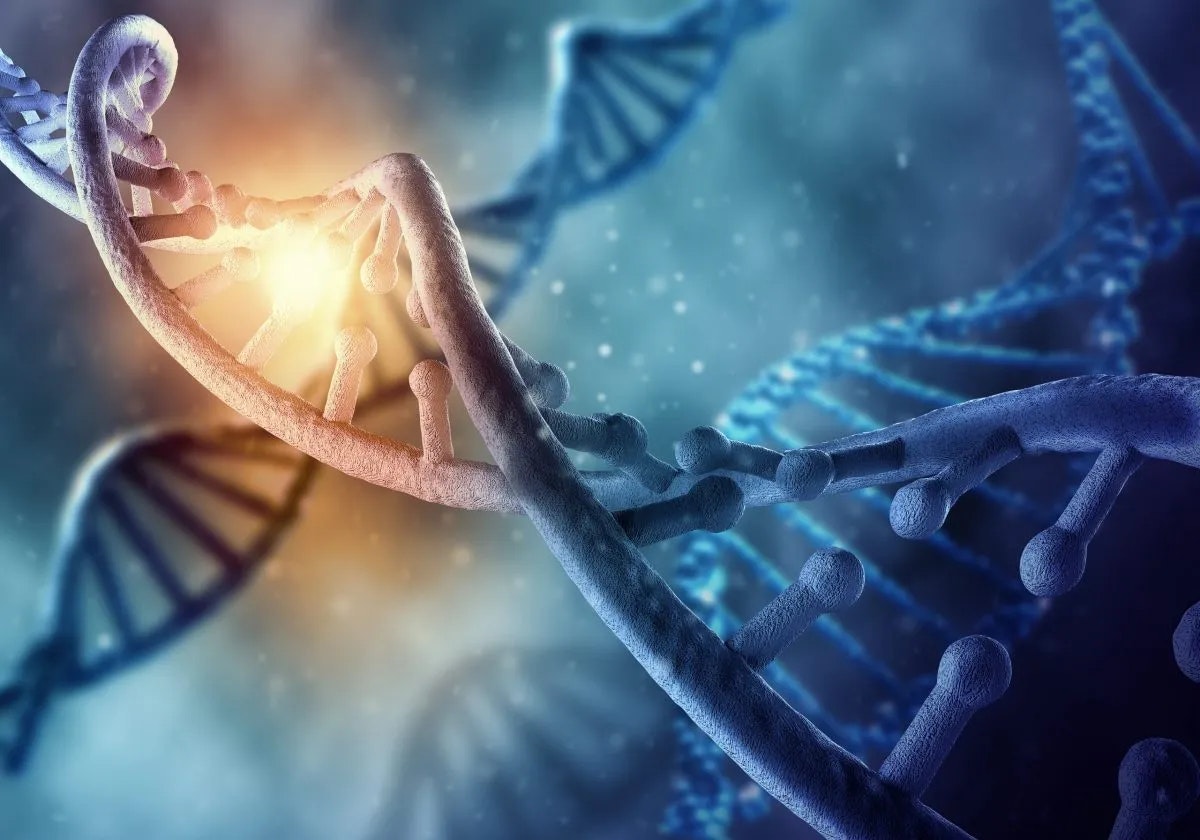 A stylized illustration of DNA molecules with a bright light representing possibly gene editing or mutation.