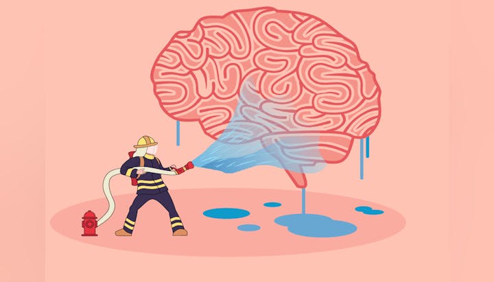 A firefighter spraying water on a large brain, symbolic illustration.