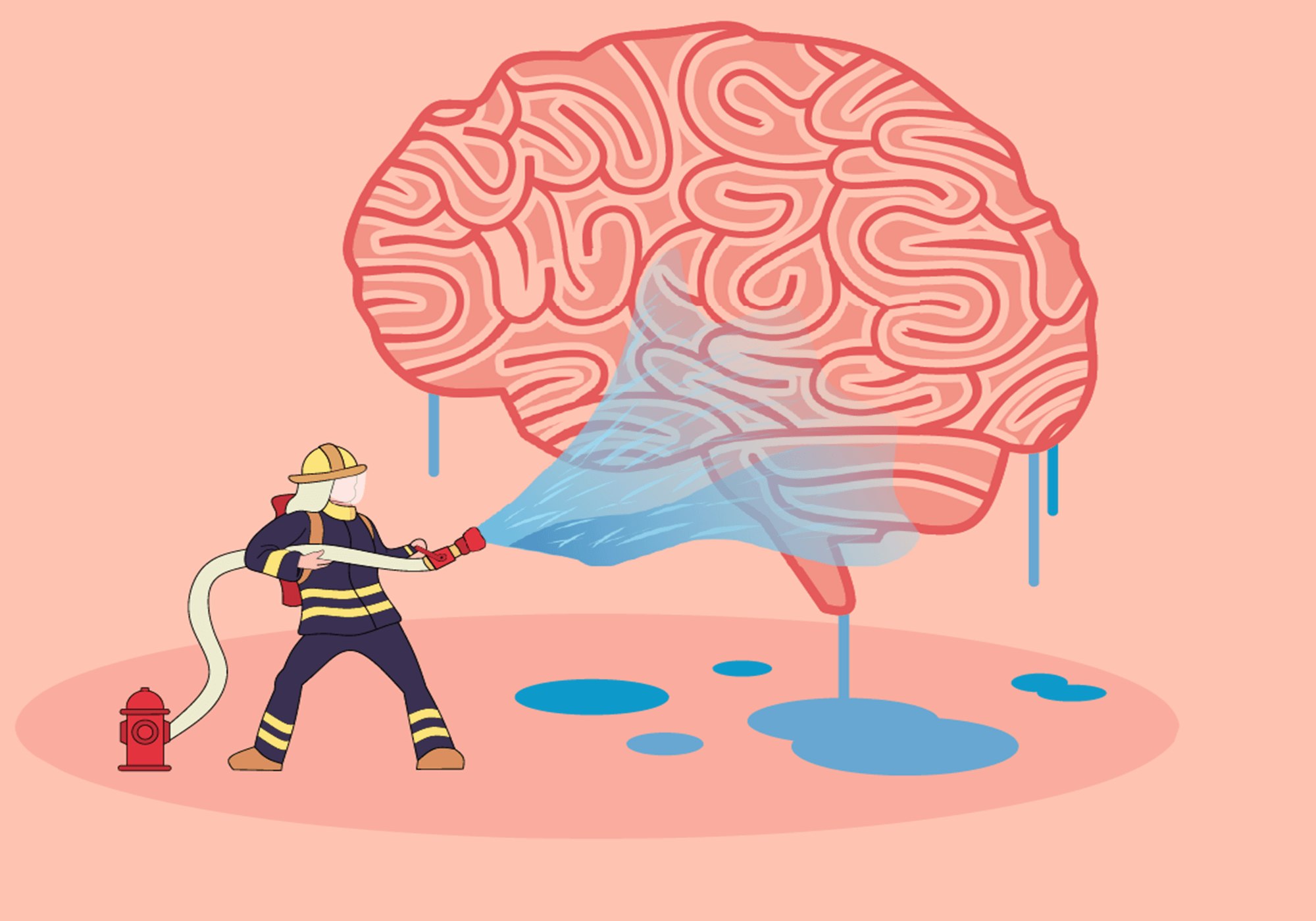 A firefighter spraying water on a large brain, symbolic illustration.