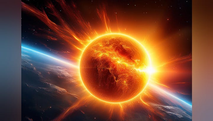 A fiery, glowing celestial body resembling a sun against the backdrop of space and a planet's horizon.