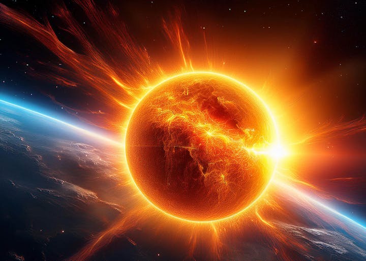 A fiery, glowing celestial body resembling a sun against the backdrop of space and a planet's horizon.
