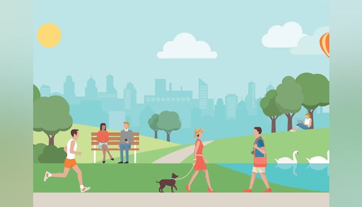 A colorful illustration of people enjoying outdoor activities in a sunny park with city skyline in the background.