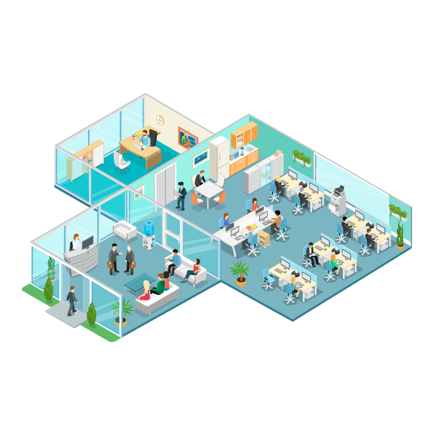 Isometric illustration of a modern office with people working at desks, in a meeting, and taking a break.