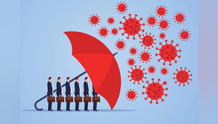 Illustration of people under an umbrella shielding against virus particles.