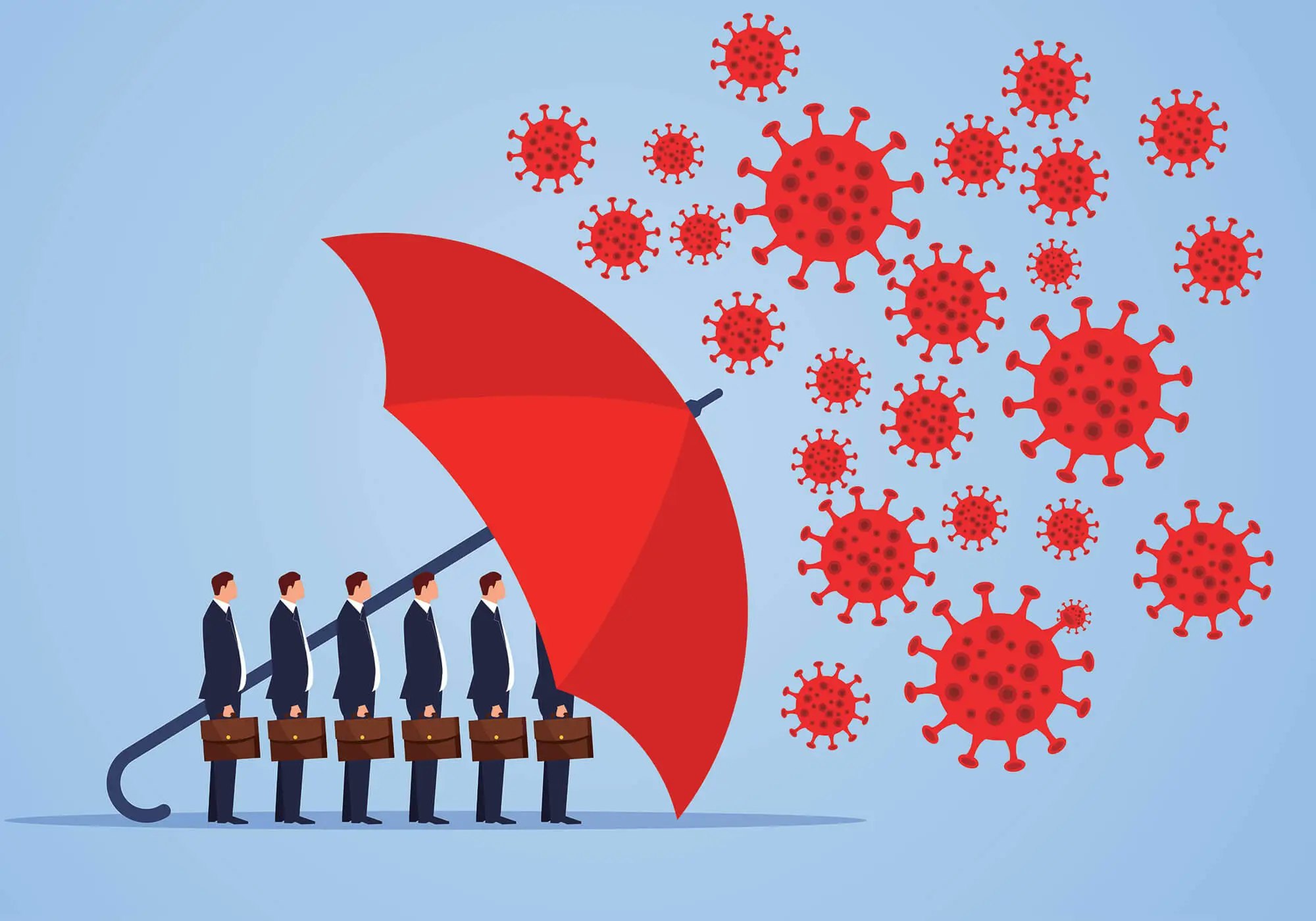 Illustration of people under an umbrella shielding against virus particles.