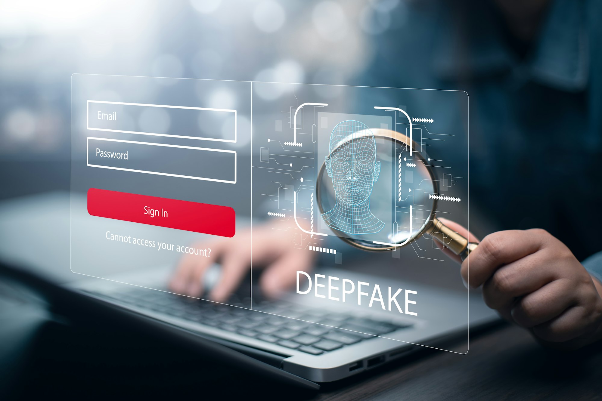 The image shows a digital login interface with fields for email and password, highlighting deepfake technology.