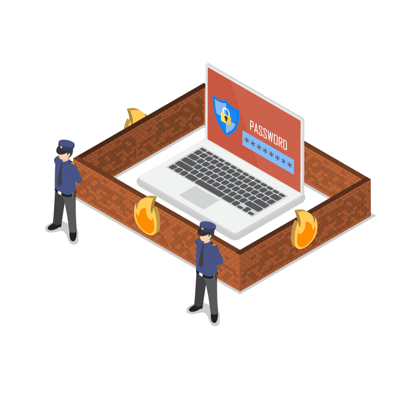 Illustration of laptop displaying a password prompt on screen, guarded by a firewall and two security officers.