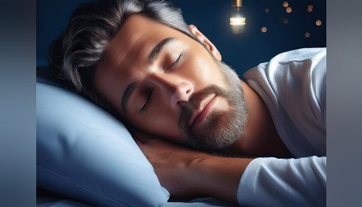 A man with a beard sleeping peacefully on a blue pillow, with a glowing light bulb in the background.