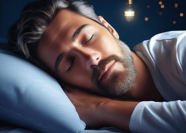 A man with a beard sleeping peacefully on a blue pillow, with a glowing light bulb in the background.