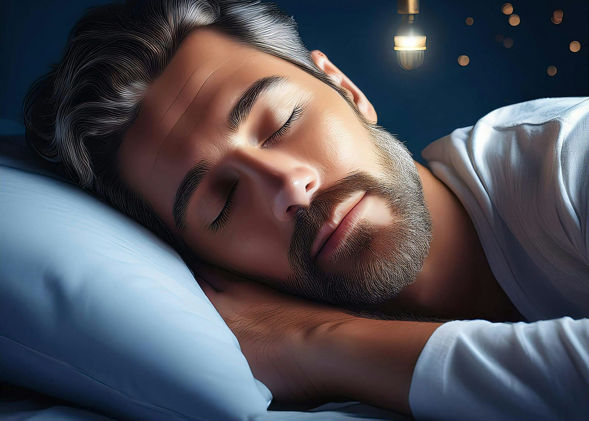 A man with a beard sleeping peacefully on a blue pillow, with a glowing light bulb in the background.