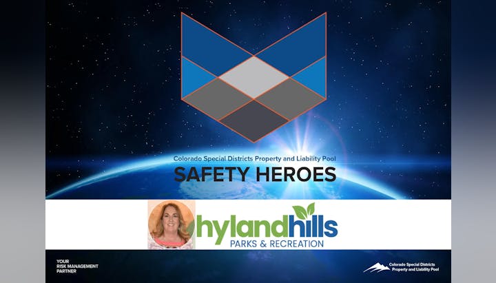 This image shows a graphic for "Safety Heroes" with a space background, a logo, and is related to Hyland Hills Parks & Recreation.