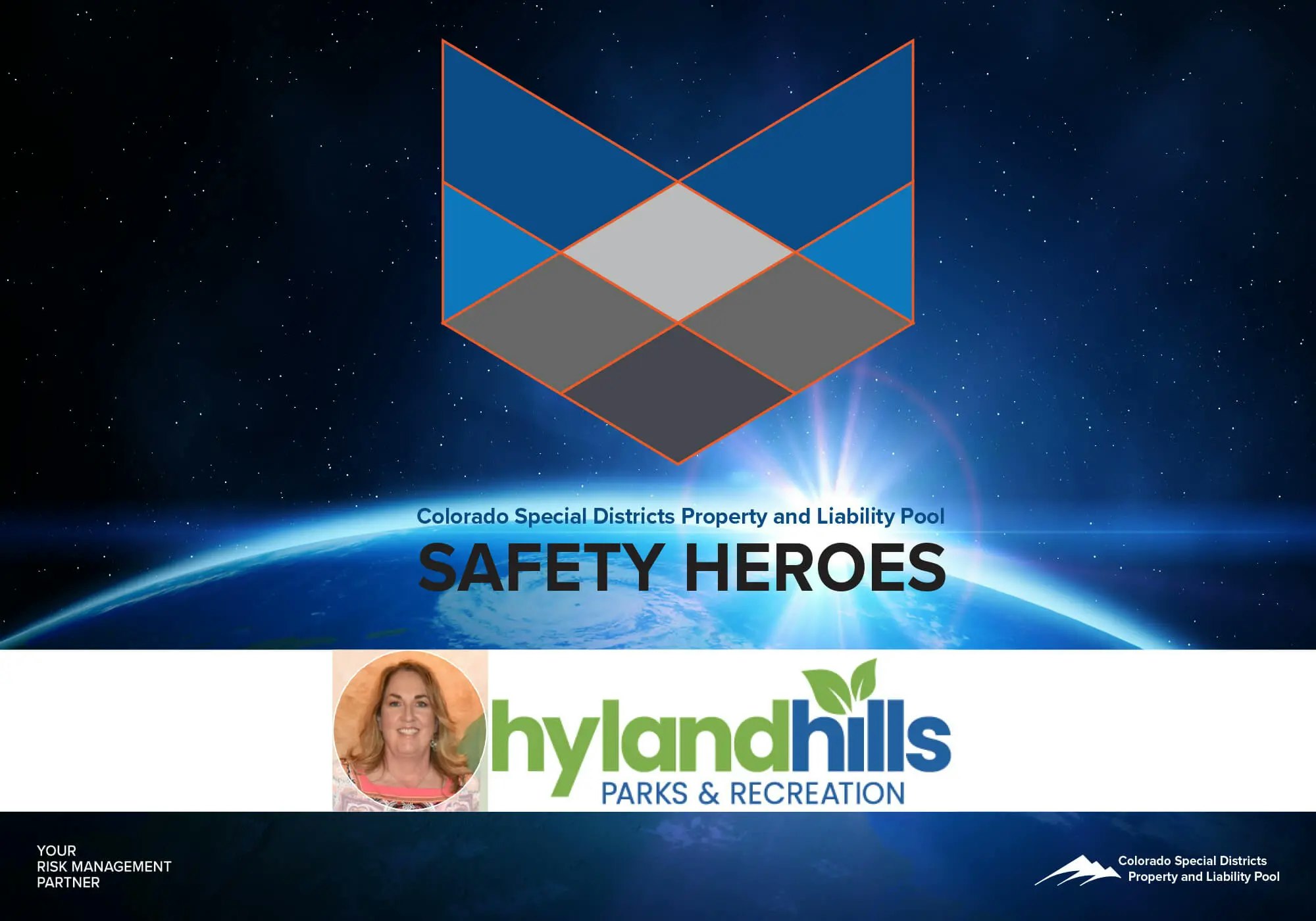 This image shows a graphic for "Safety Heroes" with a space background, a logo, and is related to Hyland Hills Parks & Recreation.