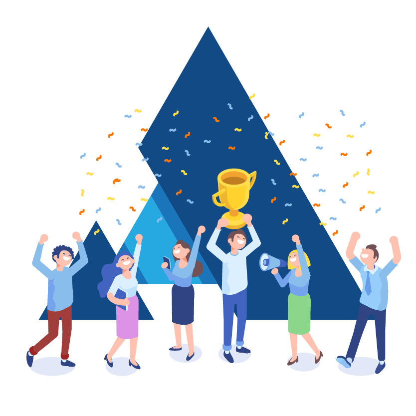 Animated people celebrating with a trophy, confetti, and a blue mountain in the background.