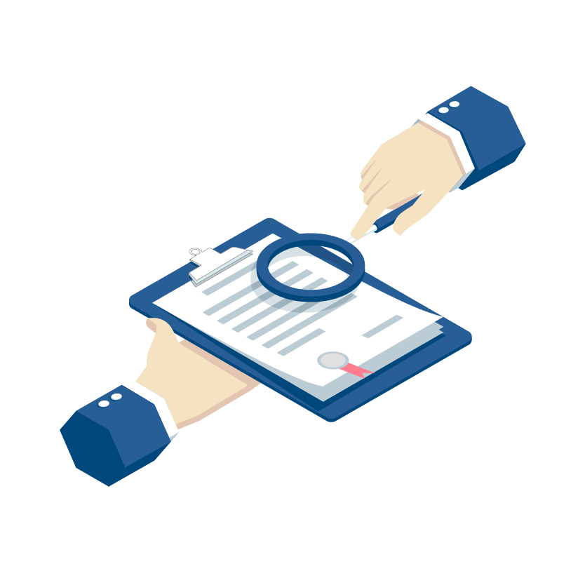 Illustration of a hand holding a magnifying glass over a clipboard with a document.