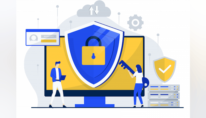 An illustration of cybersecurity concept with people, shield, lock, and digital elements.