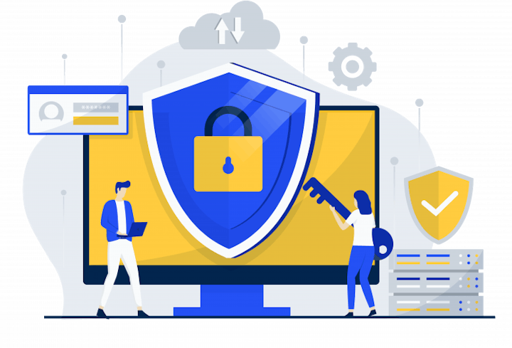An illustration of cybersecurity concept with people, shield, lock, and digital elements.