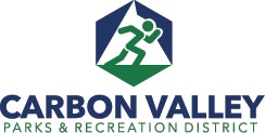 Logo of Carbon Valley Parks & Recreation District with a running figure inside a hexagon.