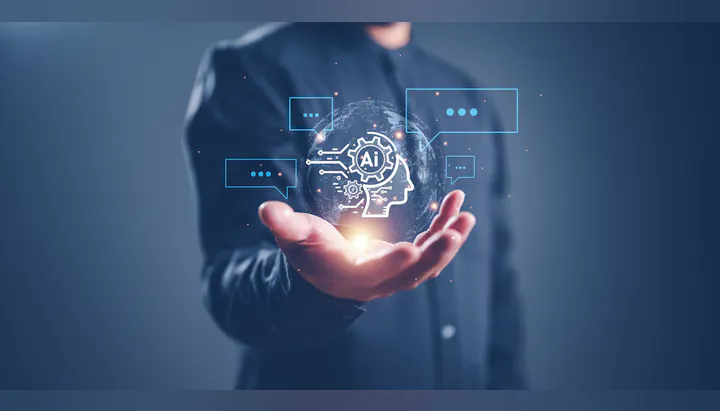 Person holding a holographic AI brain concept with interface elements.