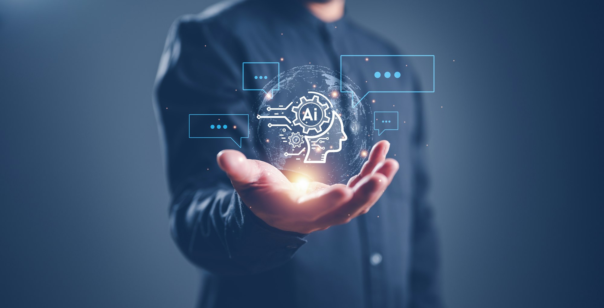 Person holding a holographic AI brain concept with interface elements.