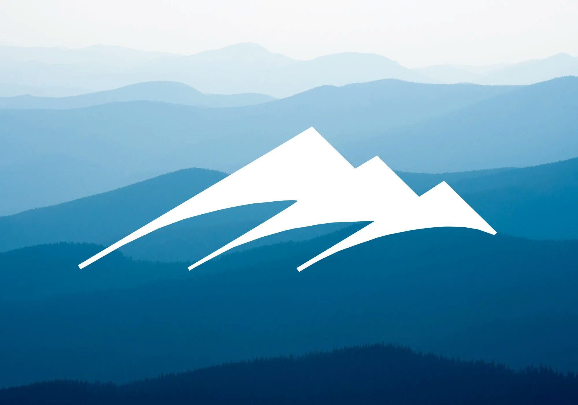 An abstract mountain range graphic with blue layered hills in the background.