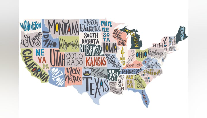 A stylized map of the USA with states' names written in a creative, colorful typography.