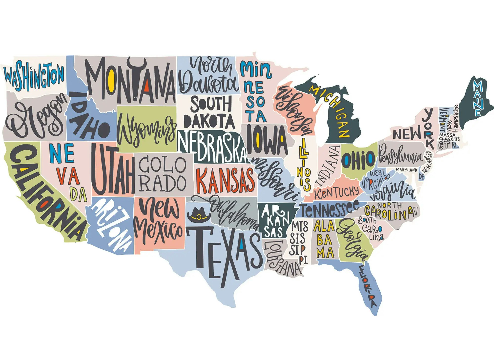 A stylized map of the USA with states' names written in a creative, colorful typography.