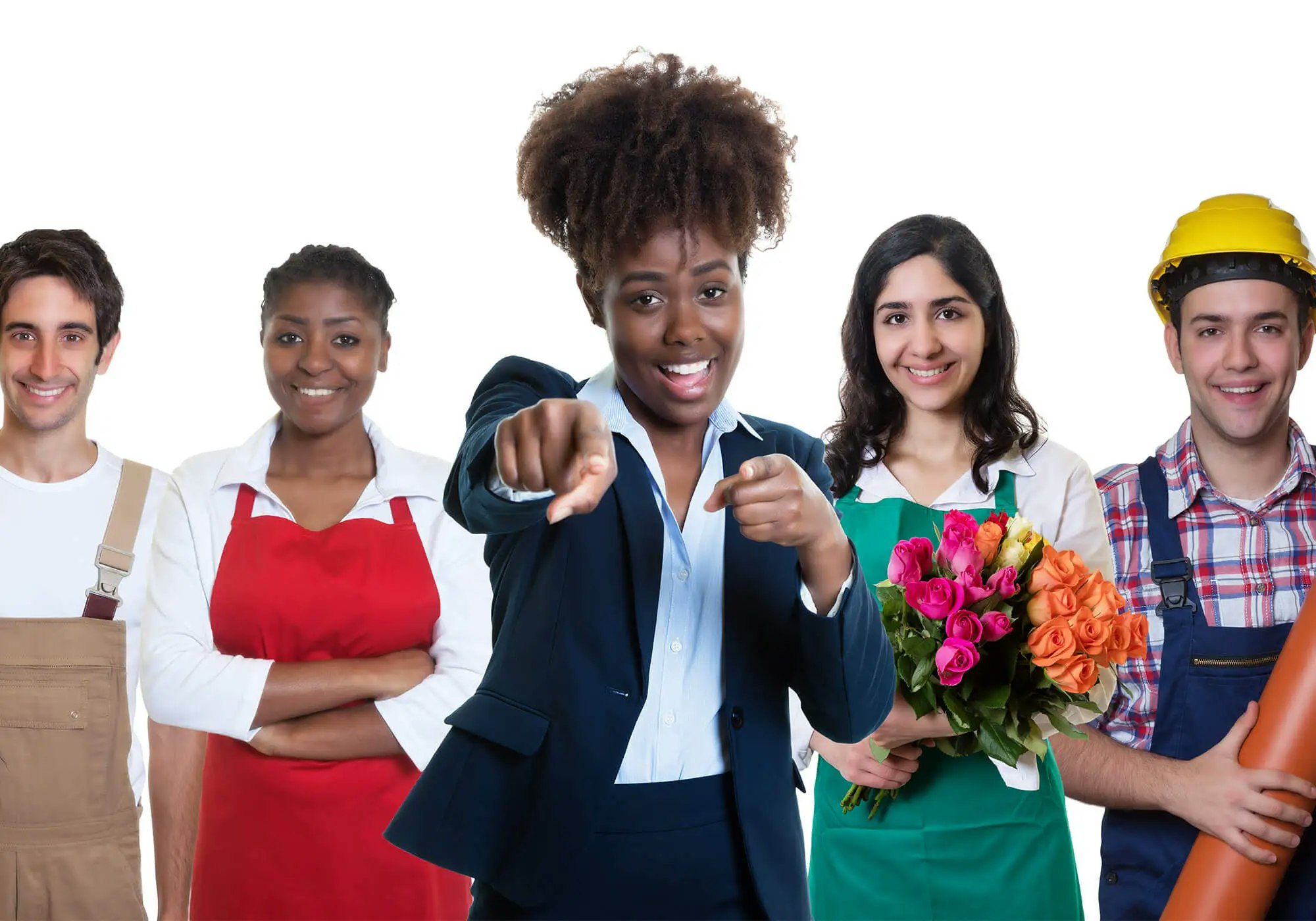 Diverse group of professionals with a woman at the front pointing at the camera.