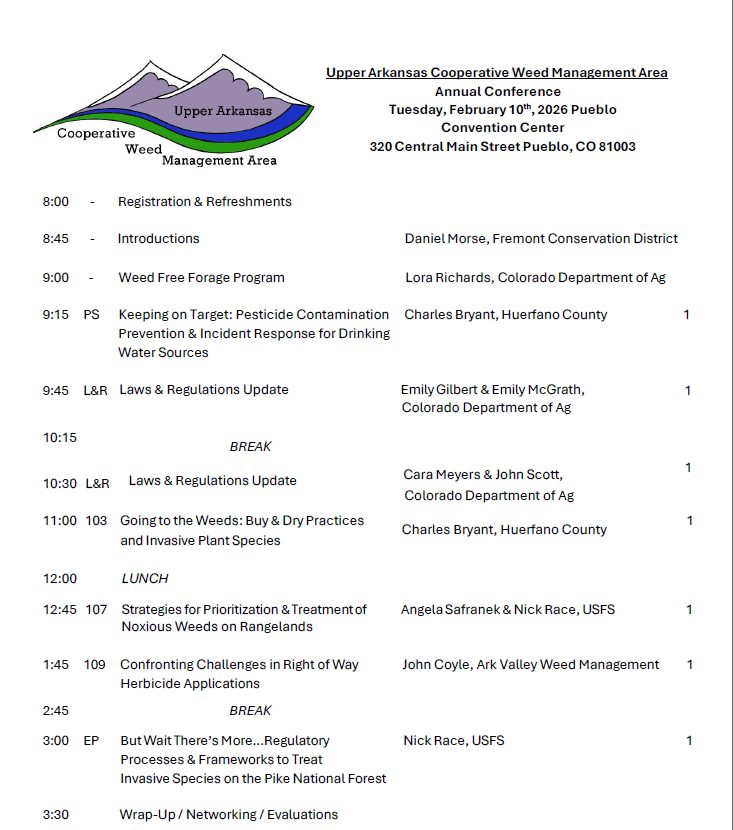 It's an agenda for the Upper Arkansas Cooperative Weed Management Area conference on February 10, 2026, in Pueblo, CO.