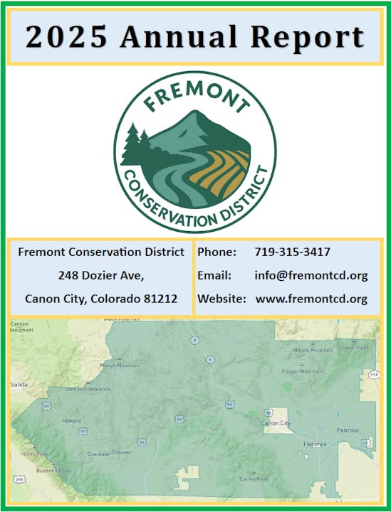 The image is the 2025 Annual Report for the Fremont Conservation District, including contact info and a map.