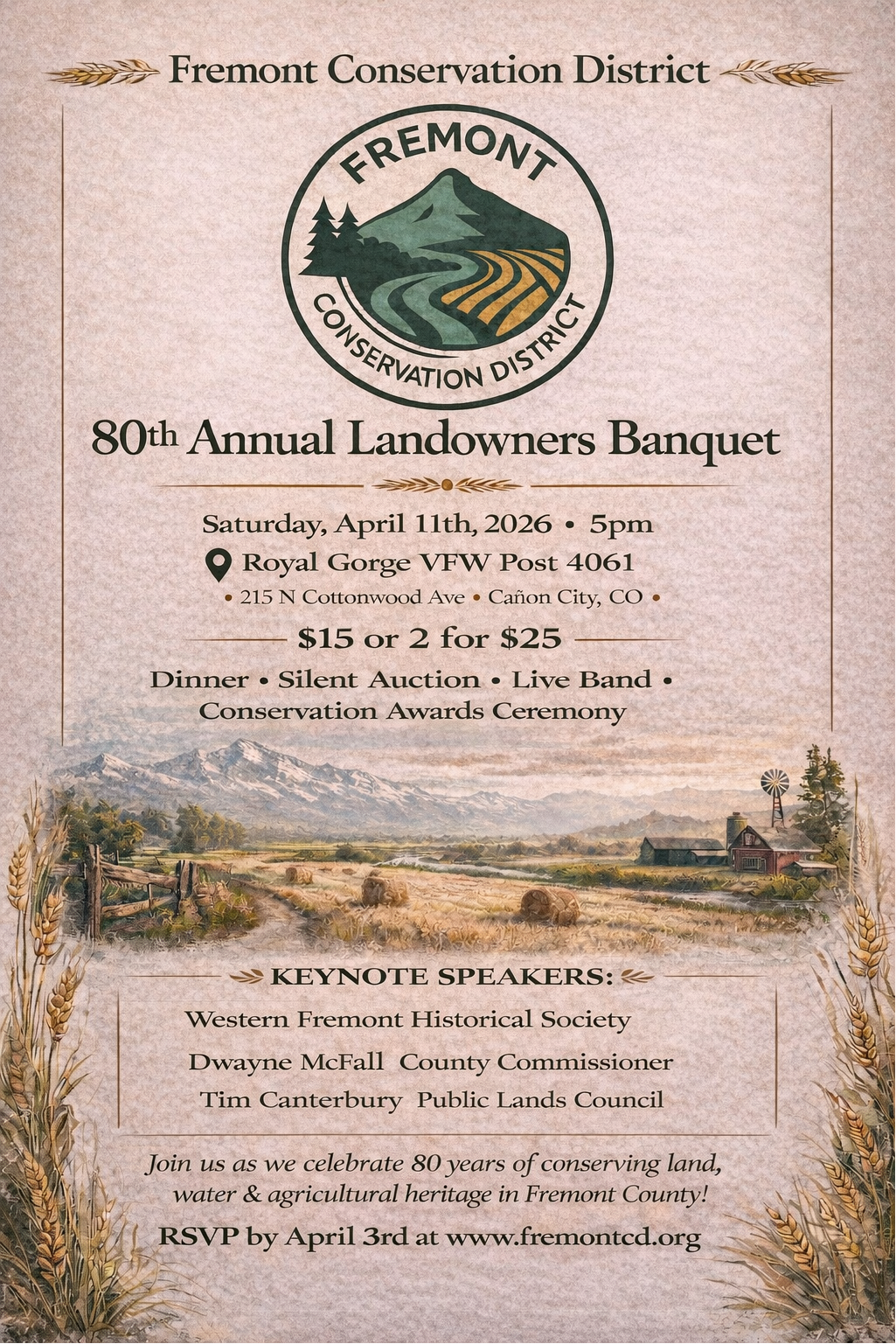 Join the 80th Annual Landowners Banquet by Fremont Conservation District on April 11, 2026, for dinner, auction, and awards!