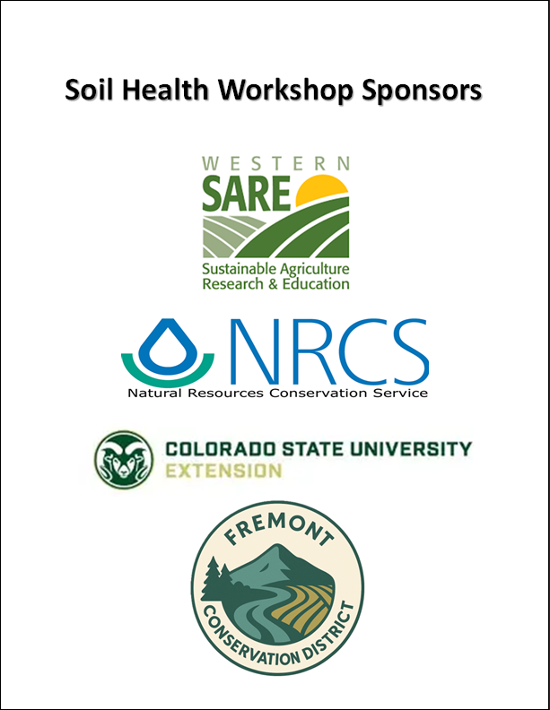 Logos of sponsors for the Soil Health Workshop: Western SARE, NRCS, Colorado State University Extension, Fremont Conservation District.