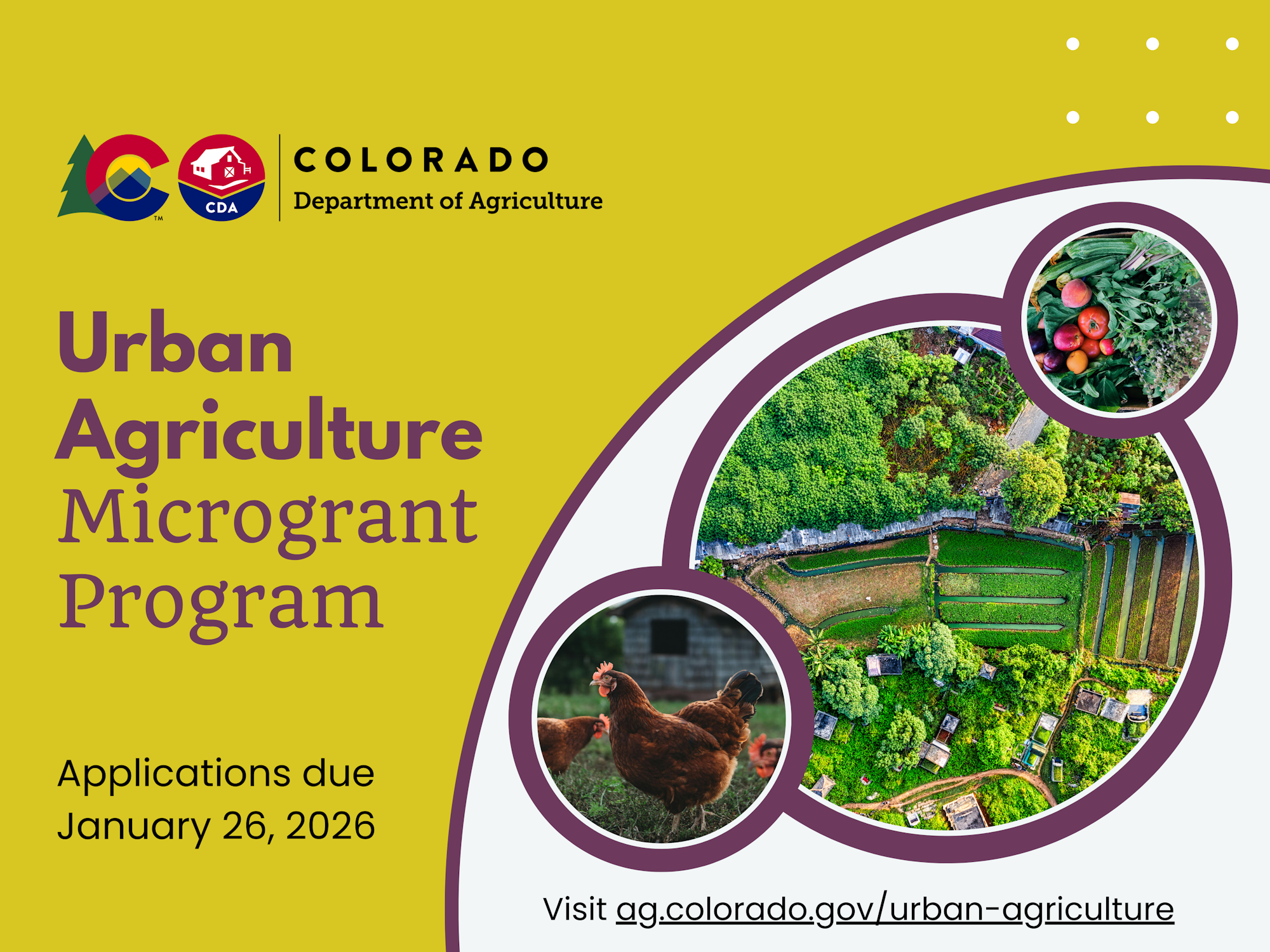 The image promotes Colorado's Urban Agriculture Microgrant Program, with applications due by January 26, 2026.